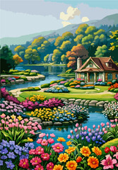 Obraz premium Colorful flower field near village house