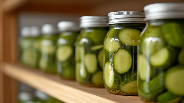 Jars of pickles are displayed on a shelf, their vibrant green hues hinting at the tangy goodness within. The cool shade of green contrasts well against the wooden shelf.