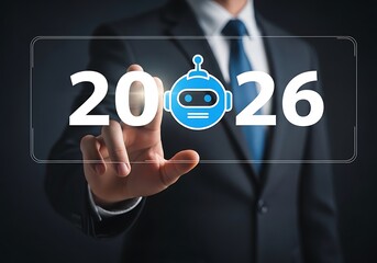 Businessman touches digital robot and year suit touching