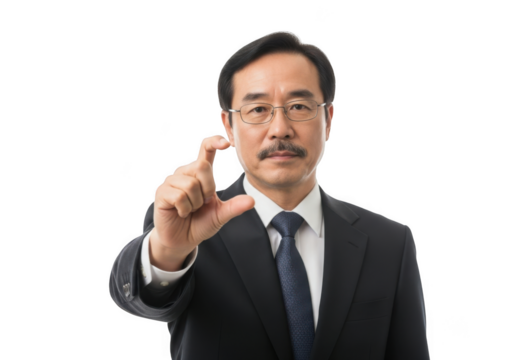 Asian businessman showing small size isolated on transparent background