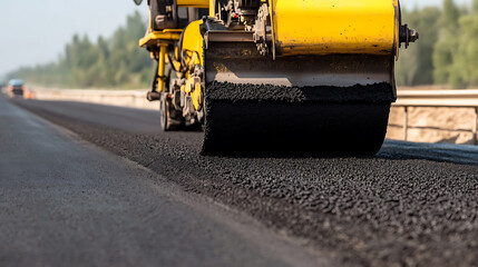 A vibrant yellow asphalt roller compacts a freshly laid asphalt road, creating a smooth, durable surface for vehicles, amidst a backdrop of nature.