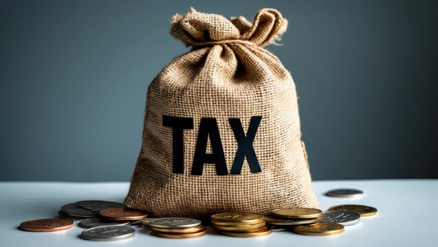 Burlap sack marked TAX surrounded by coins representing economy, tax payment, or fiscal policy.
