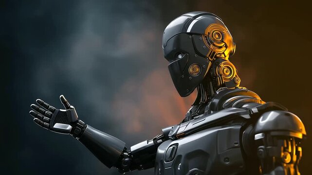 Dark gray mechanical robot figure, advanced manufacturing in robust design, robotics evolution in mechanical tech, industrial automation in sturdy systems, future engineering in du