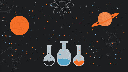 Creative science and astronomy background featuring laboratory flasks planets constellations and atomic symbols on a dark space theme perfect for education research and technology designs