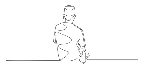 Continuous one line drawing of a Muslim man sitting in prayer. Simple minimalist line art illustration showing an Islamic worshipper in a calm and humble salah sitting posture.