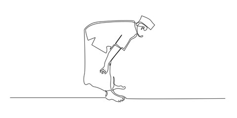 Continuous line drawing of a Muslim man bowing in ruku prayer position.
Simple one line art illustration of an Islamic worshipper performing salah bow gesture with humility.