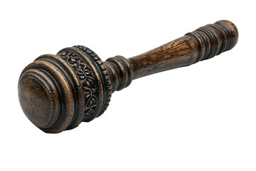 A decorative gavel with intricate carvings on the handle, isolated with PNG cut out.