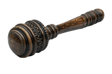 A decorative gavel with intricate carvings on the handle, isolated with PNG cut out.