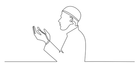Continuous line drawing of a Muslim man praying with raised hands.
Simple one line art illustration of a man in Islamic clothing making dua with calm expression.