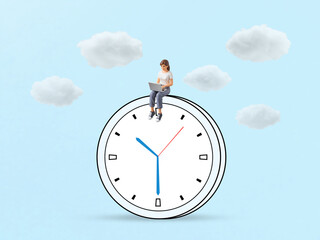 Balancing Time and Focus in a Cloud-Based Work Life, Person works on laptop atop floating clock in sky scene