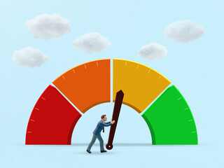 Pushing Performance Forward with Determined Effort, Miniature Businessman moves gauge needle toward green in sky of progress
