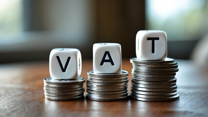 Coins stacked with VAT blocks illustrating financial tax and accounting concept.