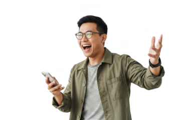 Man holding phone and laughing isolated on transparent background