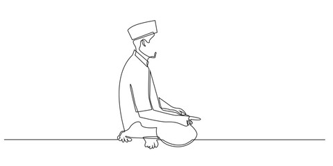 Continuous line drawing of a Muslim man sitting and praying during salah.
Simple one line art illustration of an Islamic worshipper in traditional clothing performing prayer.
