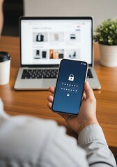 Person holding phone with password screen hand security