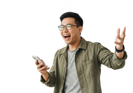 Man holding phone and laughing isolated on transparent background