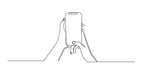 Continuous line drawing of two hands holding a smartphone in a modern minimalistic style.
Simple one line art illustration of a person using a mobile phone representing communication and technology.