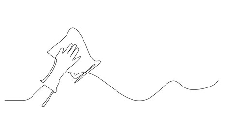 Continuous line drawing of a hand wearing a glove cleaning a surface with a cloth.
Simple one line art illustration of cleaning activity representing hygiene, housekeeping, and cleanliness.
