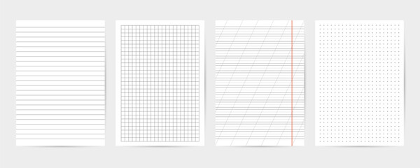 Sheets of dotted, lined, square grid paper