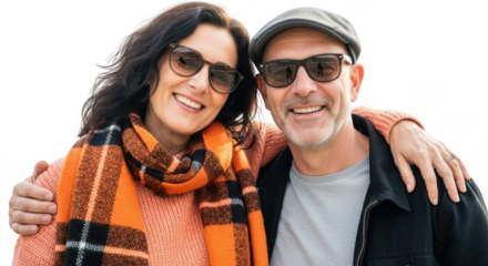 Smiling couple wearing sunglasses and scarf isolated on transparent background