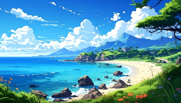 Animated vibrant beach scene, turquoise waters meeting golden sands, framed by lush green hills and a clear blue sky