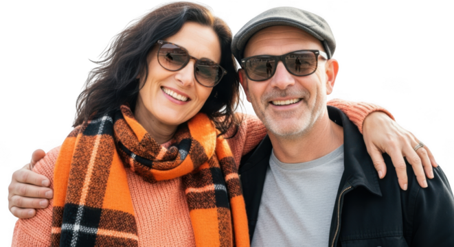 Smiling couple wearing sunglasses and scarf isolated on transparent background - Powered by Adobe
