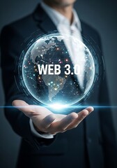 Businessman holding digital globe with web three text
