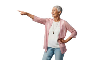 Elderly woman pointing to the side isolated on transparent background
