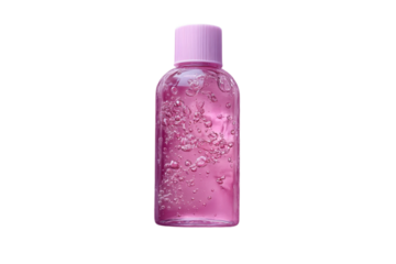 Pink hand sanitizer bottle with bubbles for hygiene and health purposes on transparent background