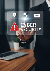 Person touches digital screen cyber security warning