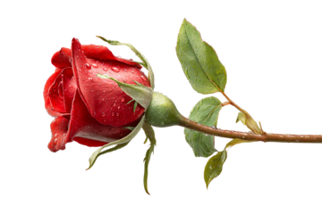 Red Rose with Water Droplets on White Background on a transparent background, cut out