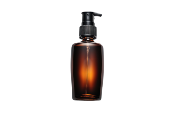 Elegant amber glass bottle with black pump dispenser for lotion or serum on transparent background