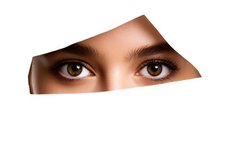 Woman's eye peering through a torn white fabric on a transparent background, cut out