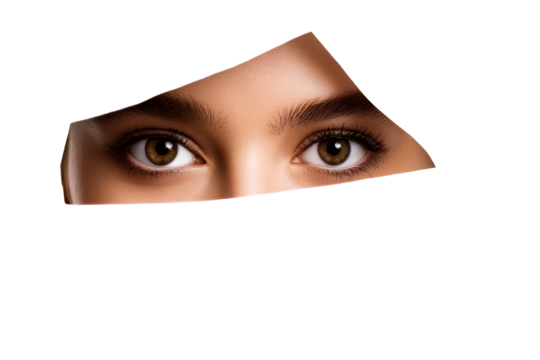 Woman's eye peering through a torn white fabric on a transparent background, cut out