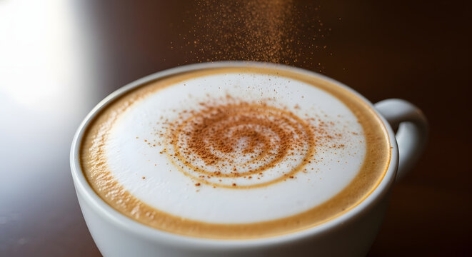 Morning Brew with Cinnamon: A close-up shot of a cappuccino, where a spiral of cinnamon gracefully lands on the velvety foam.