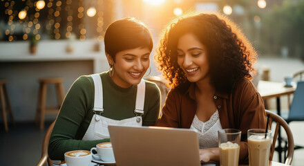 Two young friends collaborate in a cozy cafe, working together and sharing ideas over coffee and laptops