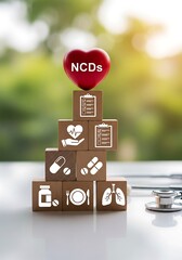 Red heart with text on stacked wooden blocks ncds medical
