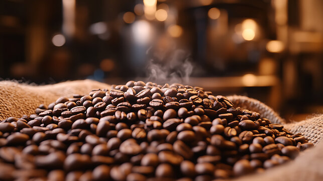 Aromatic freshly roasted coffee beans rest in a burlap sack, steam rising to signal a perfect brew. Ready for grinding, brewing, and sipping, a warm invitation.