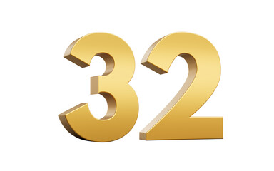 3D Golden number 32 Thirty two with a shiny metallic finish and sharp edges, 3d illustration