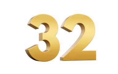 3D Golden number 32 Thirty two with a shiny metallic finish and sharp edges, 3d illustration