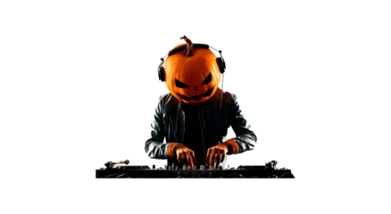 Halloween DJ with Pumpkin Mask Performing at a Party, isolated on white background