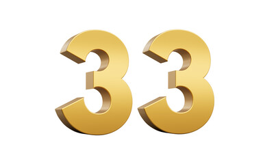 3D Golden number 33 Thirty three with a shiny metallic finish and sharp edges, 3d illustration