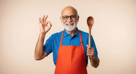 An Indian chef wearing an orange apron stands confidently in a modern kitchen, holding a large wooden spoon