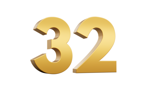 3D Golden number 32 Thirty two with a shiny metallic finish and sharp edges, 3d illustration