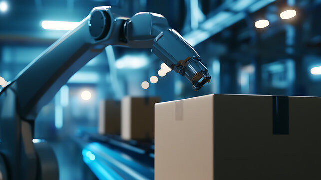 High-tech automation with robotic arm handling boxes on a conveyor belt in a factory setting. Efficiency meets precision. The future of manufacturing in motion!