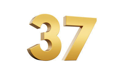 3D Golden number 37 Thirty seven with a shiny metallic finish and sharp edges, 3d illustration