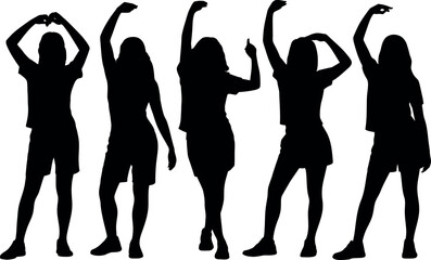 Silhouette of five young women dancing and celebrating in unison style
