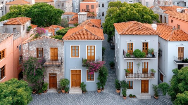 Overhead Drone View of a Picturesque European Village with Terracotta Roofs and Blooming Bougainvillea on a Sunny Day