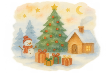 Watercolor christmas winter scene with snowman, decorated tree, gifts, and cabin on snowy night