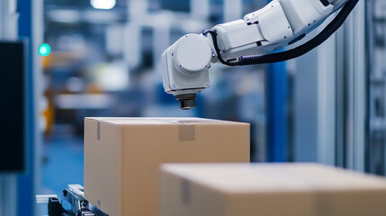 Automation in manufacturing: a robotic arm precisely positions a cardboard box on a conveyor belt in a factory setting. Efficiency and precision in action.
